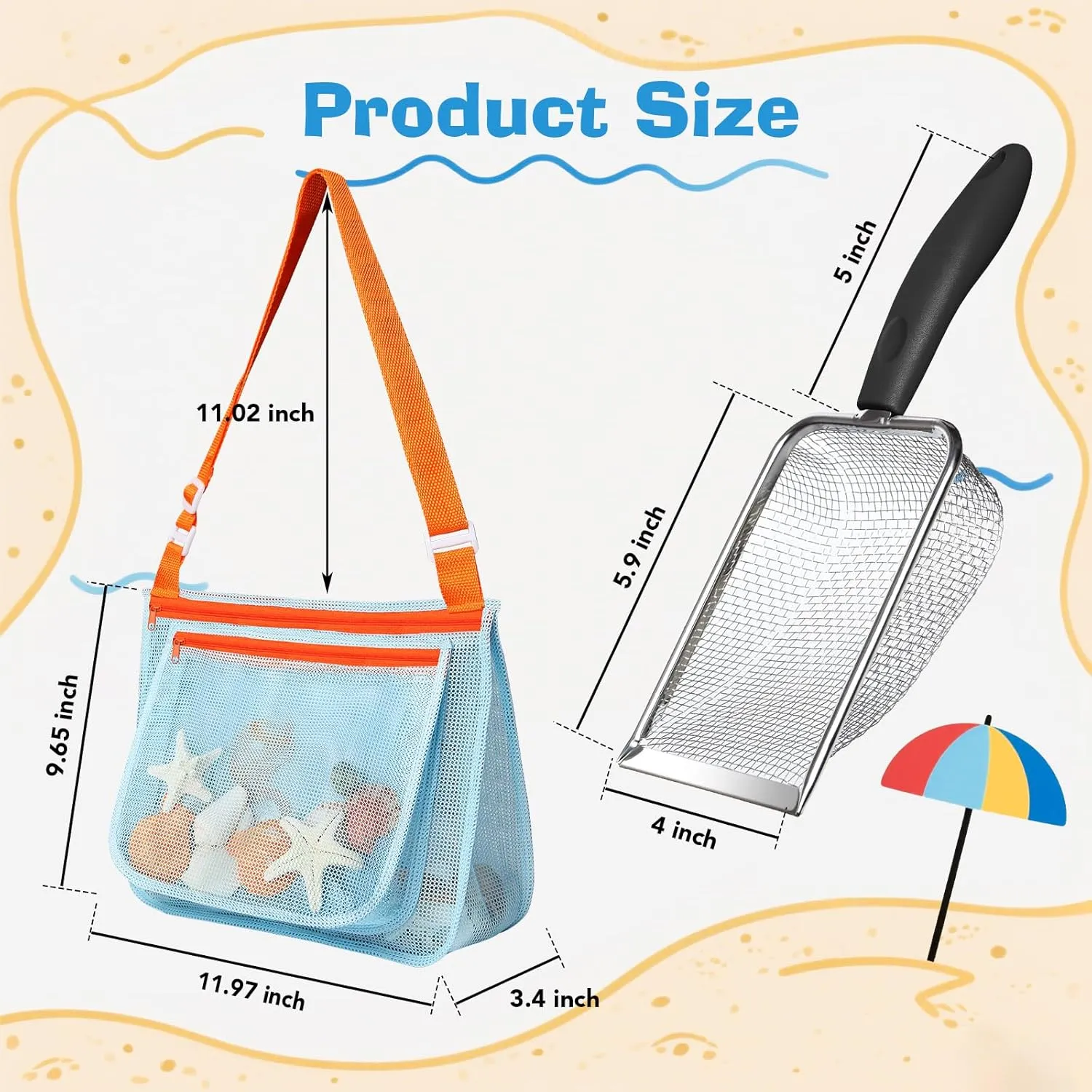 Beach Toy Set Include 2 Mesh Shovels and 2 Beach Mesh Bags,Kids Sand Sifter for Shells Collecting