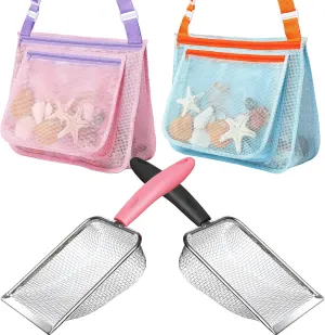 Beach Toy Set Include 2 Mesh Shovels and 2 Beach Mesh Bags,Kids Sand Sifter for Shells Collecting