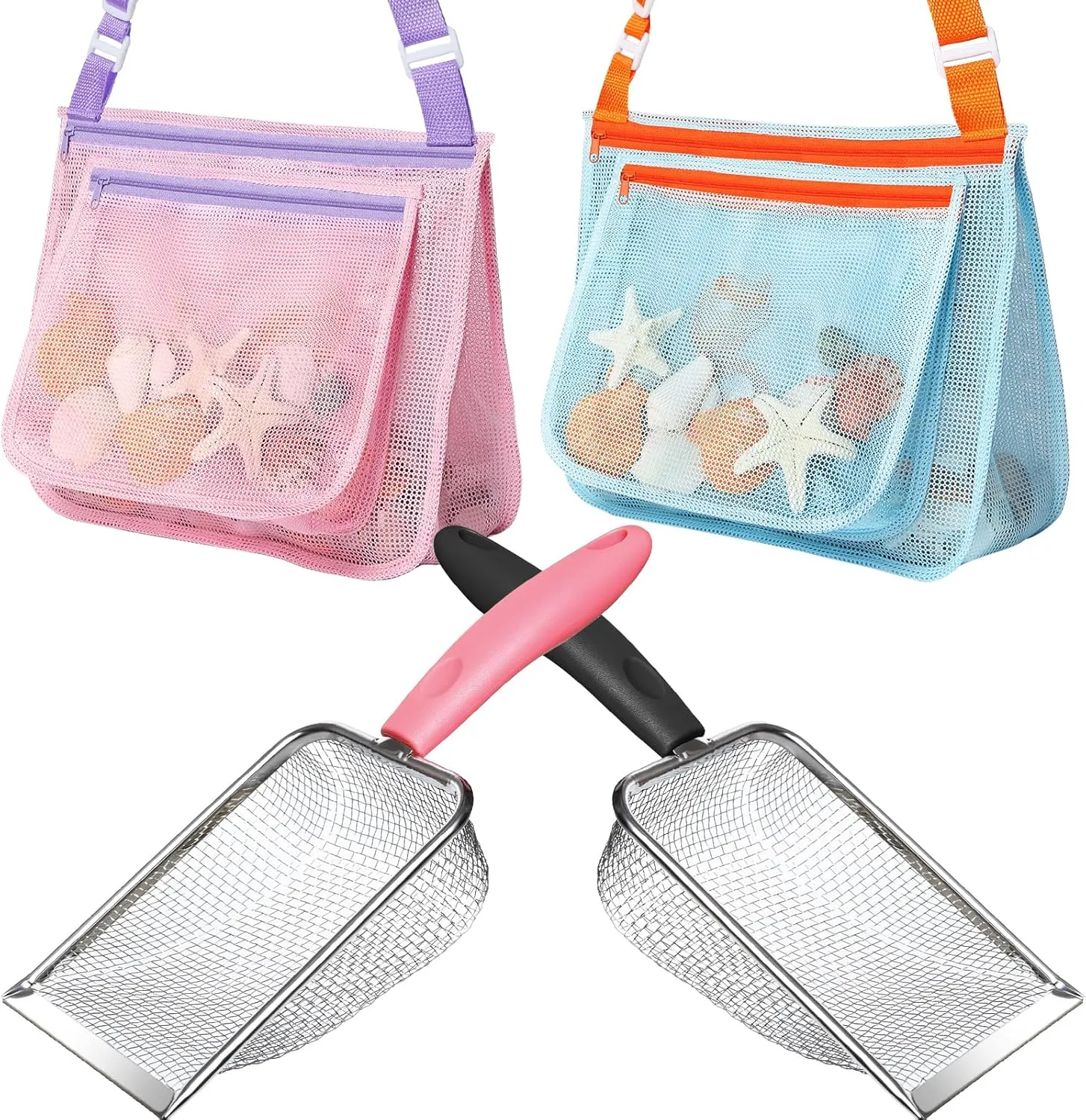 Beach Toy Set Include 2 Mesh Shovels and 2 Beach Mesh Bags,Kids Sand Sifter for Shells Collecting