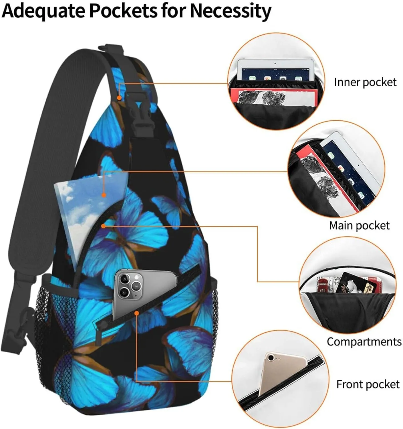 Beautiful Different Morpho Butterfly Wings Chest Sling Bag Crossbody Shoulder Backpack Bag Gym Cycling Daypack Travel Hiking Cross Bag