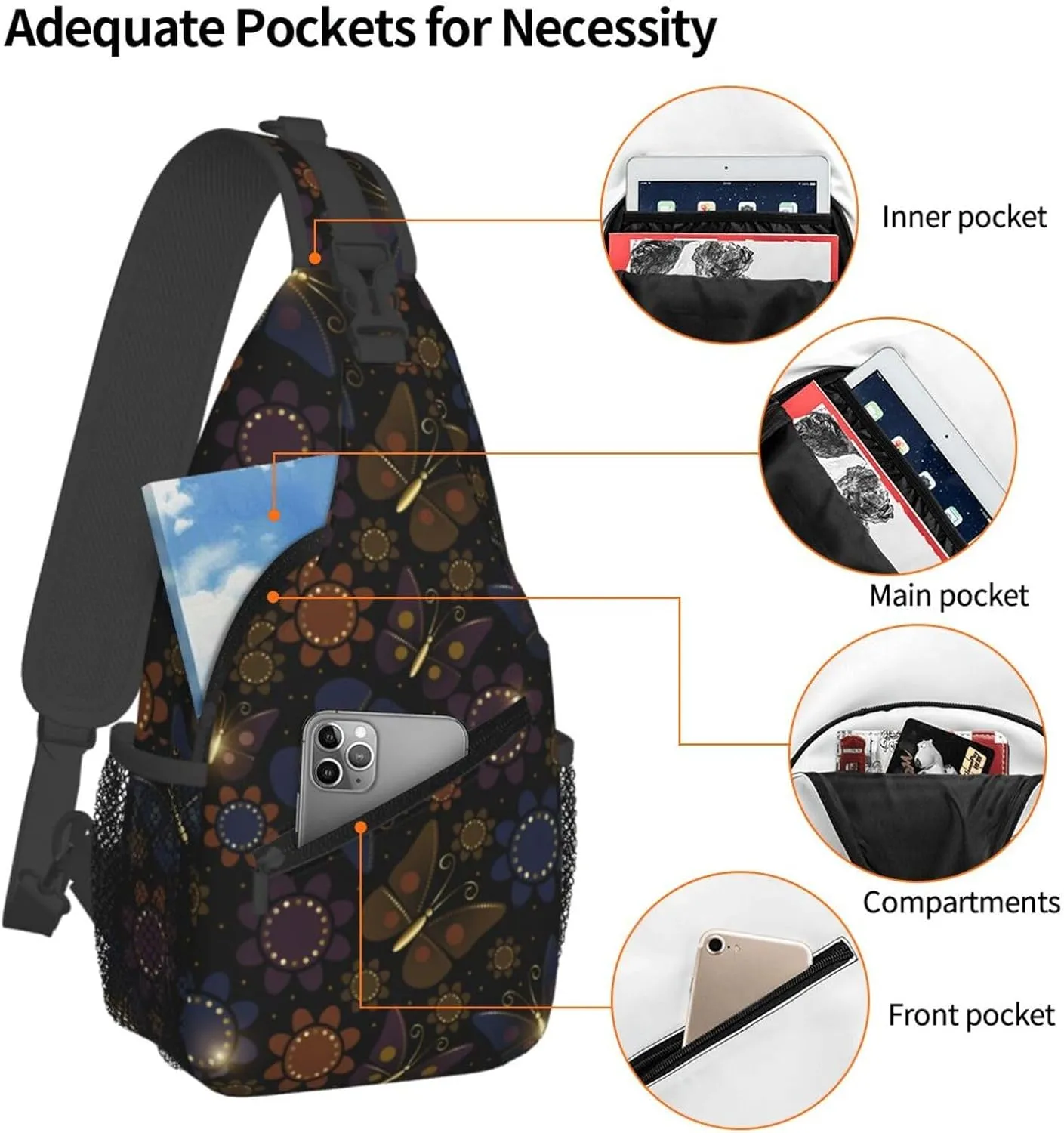 Beautiful Luxurious Butterflies Chest Sling Bag Crossbody Shoulder Backpack Bag Gym Cycling Daypack Travel Hiking Cross Bag