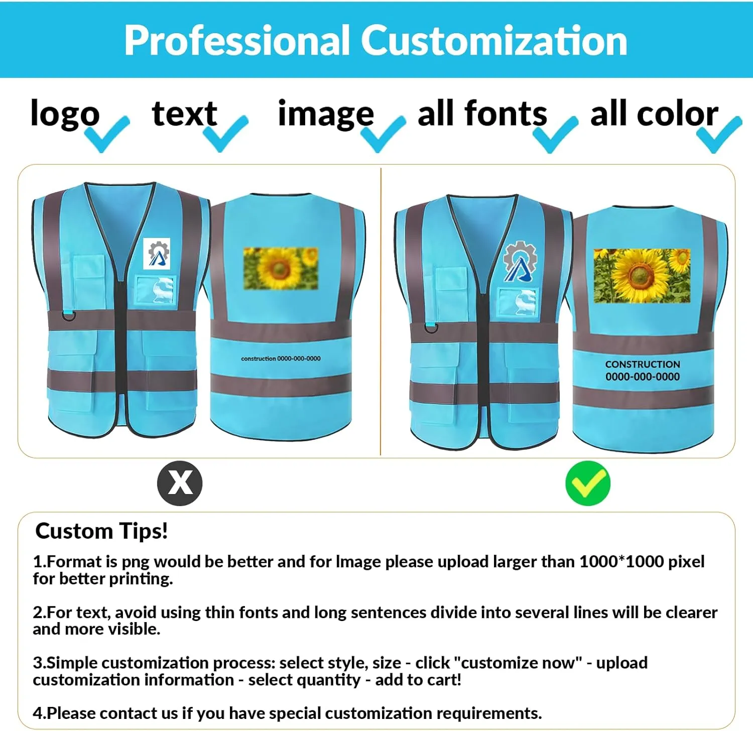 BeautyWill Custom Safety Vest logo Visibility Reflective Vest Class 2 Hi Vis Security Construction Work Vest