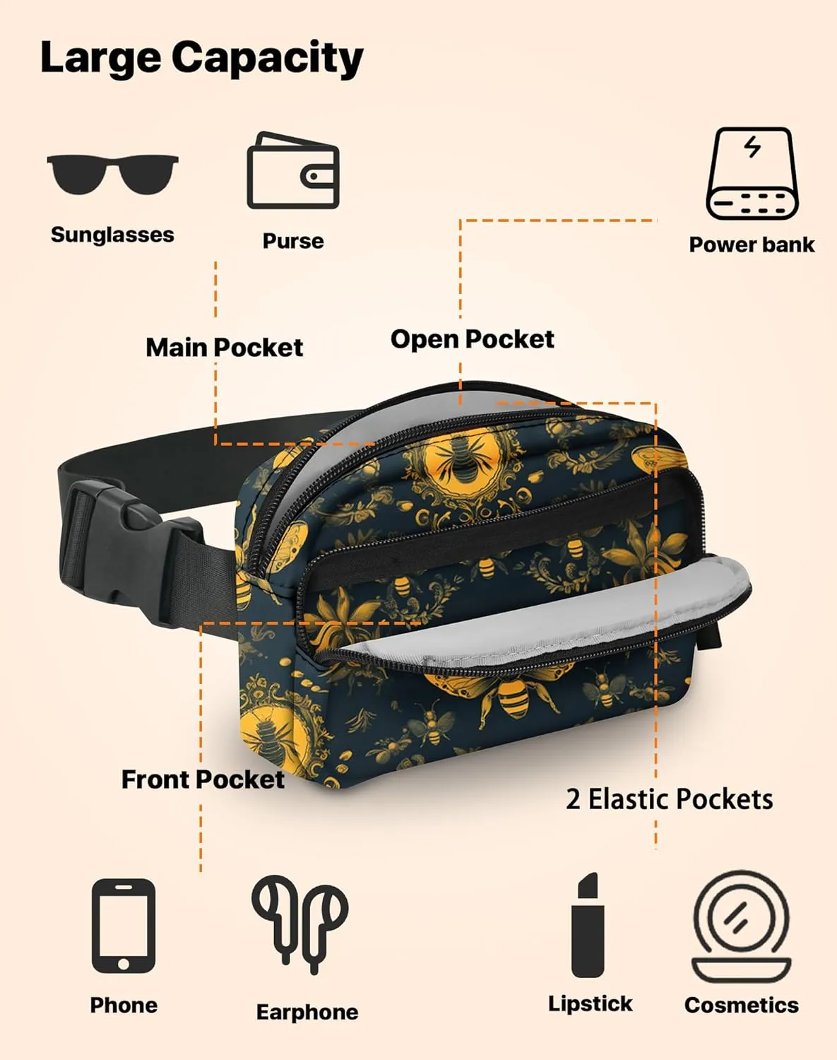 Bee Fanny Pack Fashion Belt Bag Lightweight Waist Pouch with Adjustable Strap Mini Crossbody Bags for Women Travel Sports Running