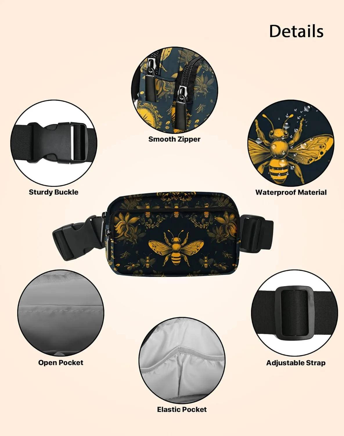 Bee Fanny Pack Fashion Belt Bag Lightweight Waist Pouch with Adjustable Strap Mini Crossbody Bags for Women Travel Sports Running