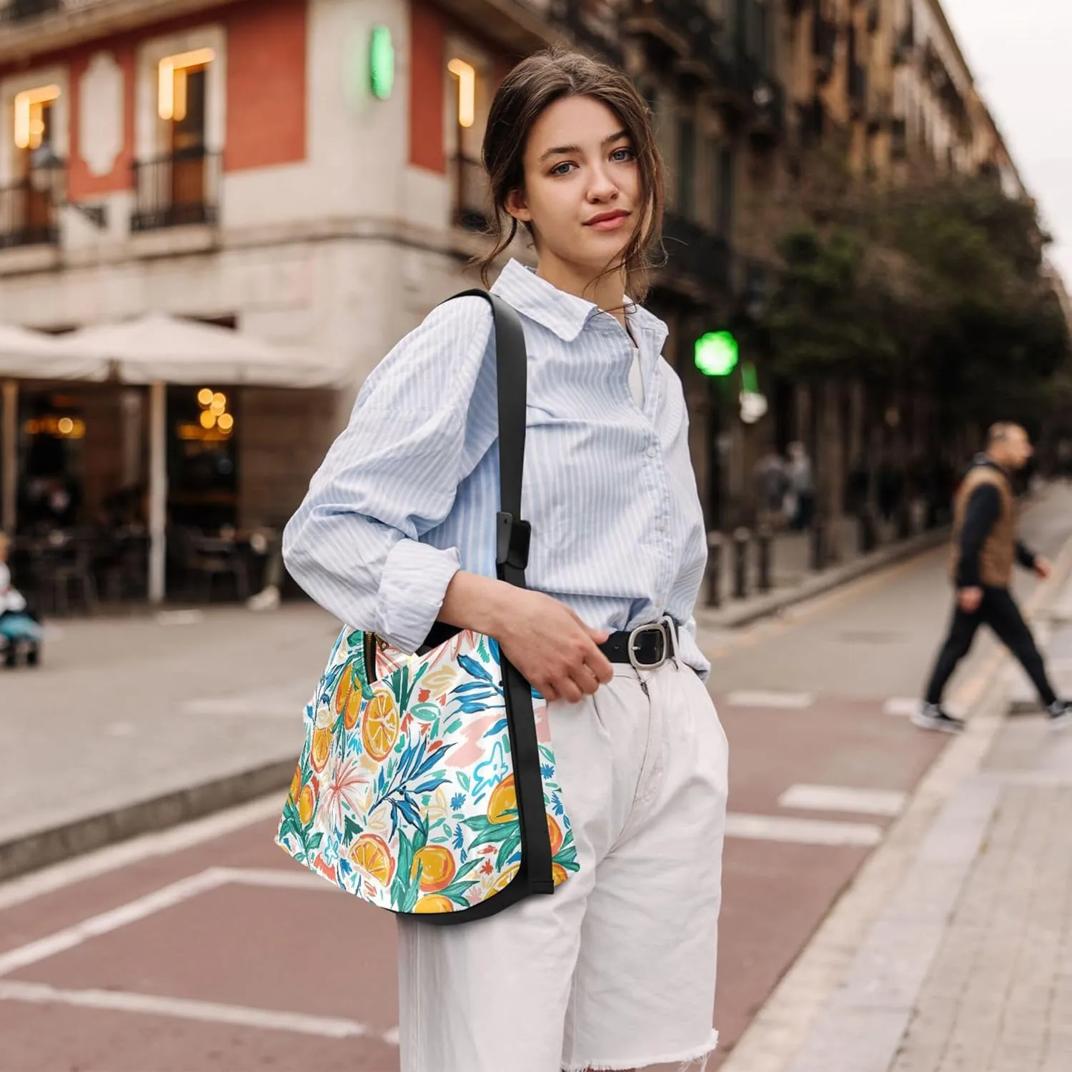Beige Geometric Leaves PU Leather Shoulder Bag Hobo Large Crossbody Bag Unique Leaf Print Shoulder Purse Handbag
