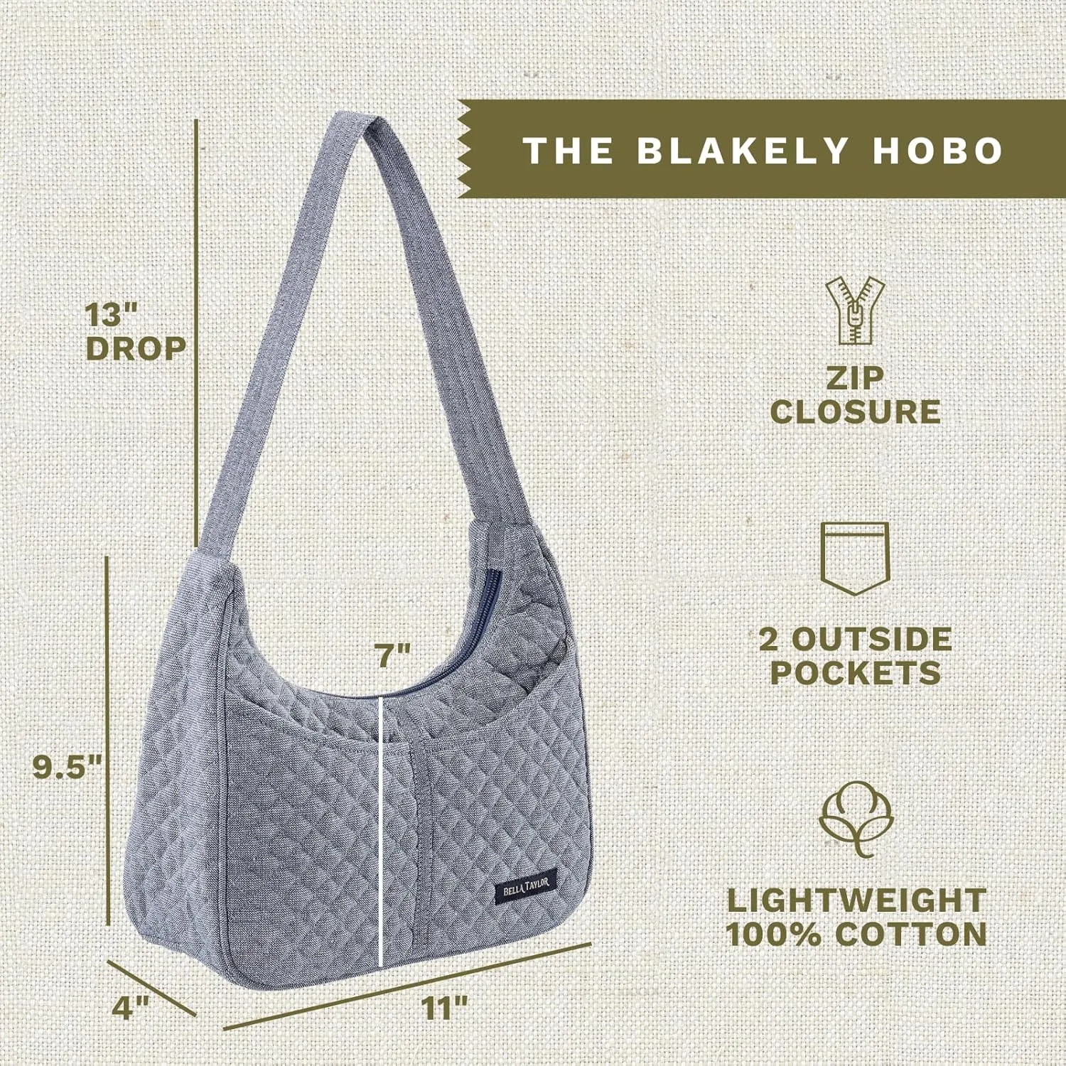Bella Taylor Blakely - Hobo Shoulder Bag for Women - Lightweight Quilted Fabric Purse with Pockets