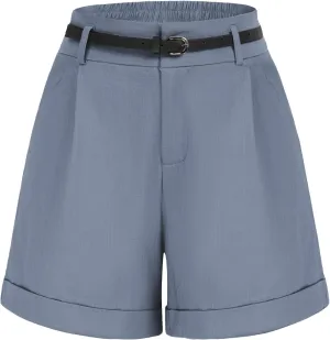 Belle Poque Women Bermuda Shorts Elastic Waist Wide Leg Shorts with Pockets & Belts