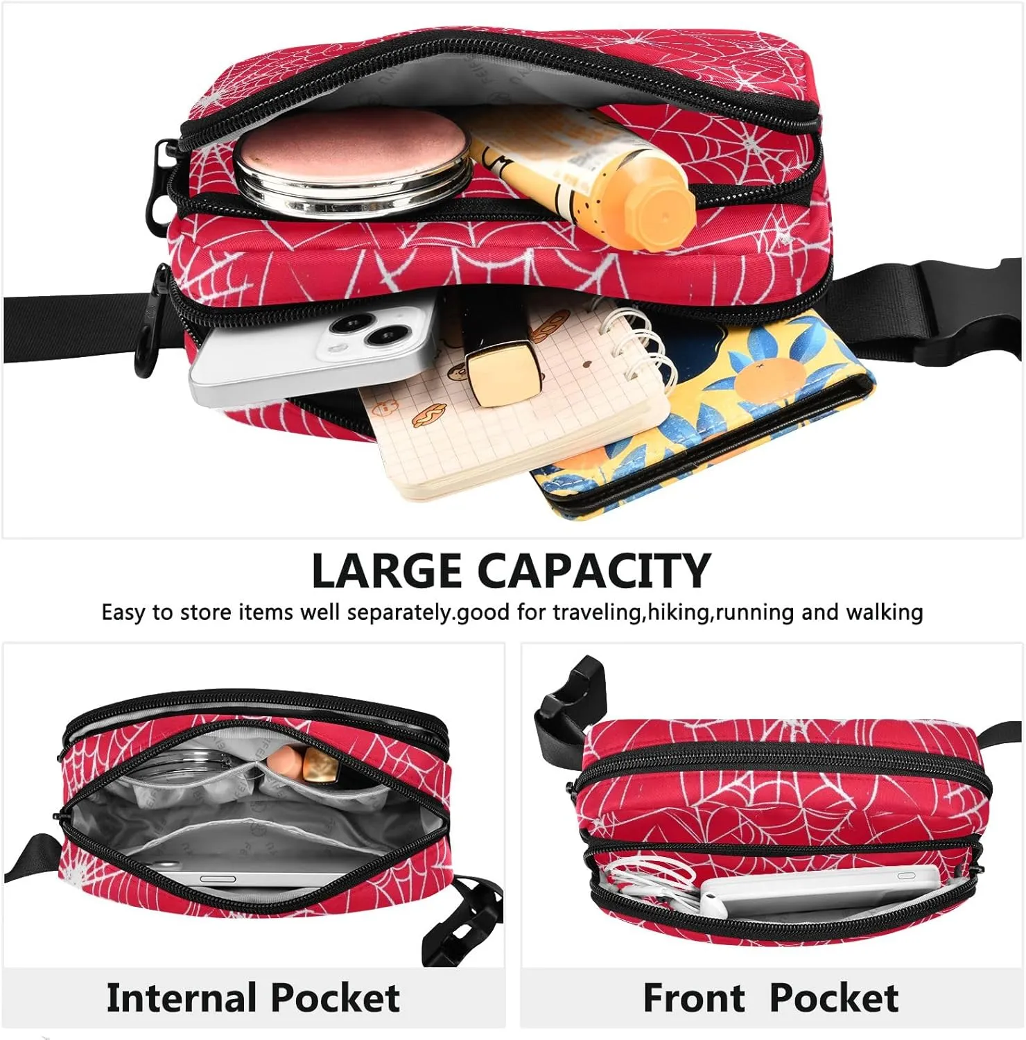 Belt Bag Red with White Spiderwebs Lightweight Crossbody Bags with Adjustable Strap Small Crossbody Bag for Women Travel