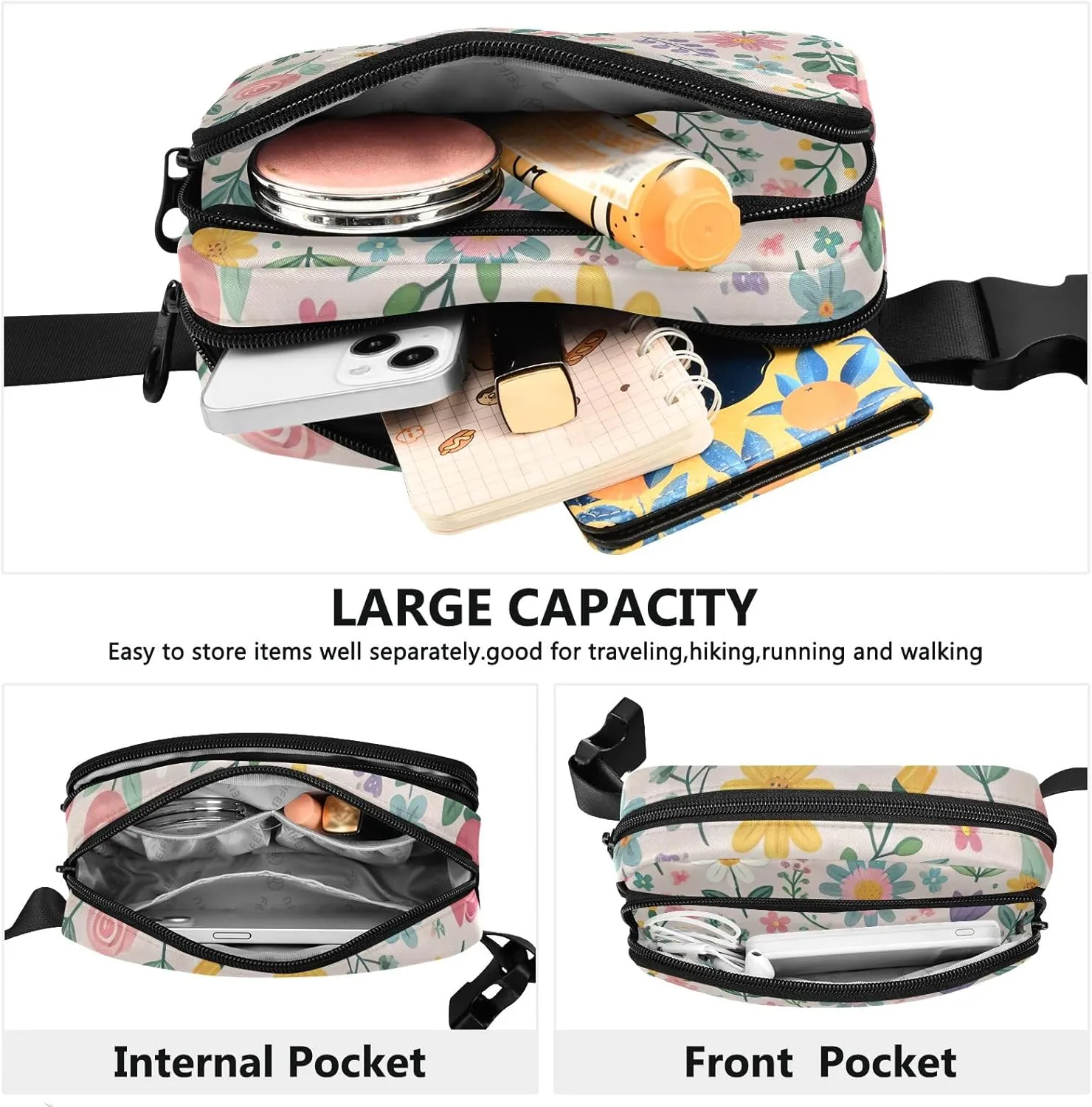 Belt Bags with Three Ways to Wear Cute Florals Workout Fanny Pack for Women 8 x 5.3 x 2.3 Inches
