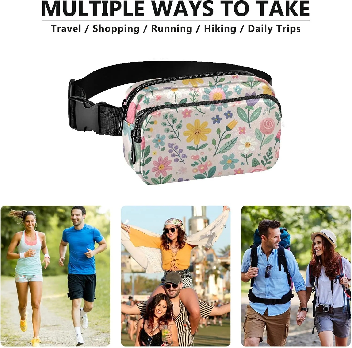 Belt Bags with Three Ways to Wear Cute Florals Workout Fanny Pack for Women 8 x 5.3 x 2.3 Inches