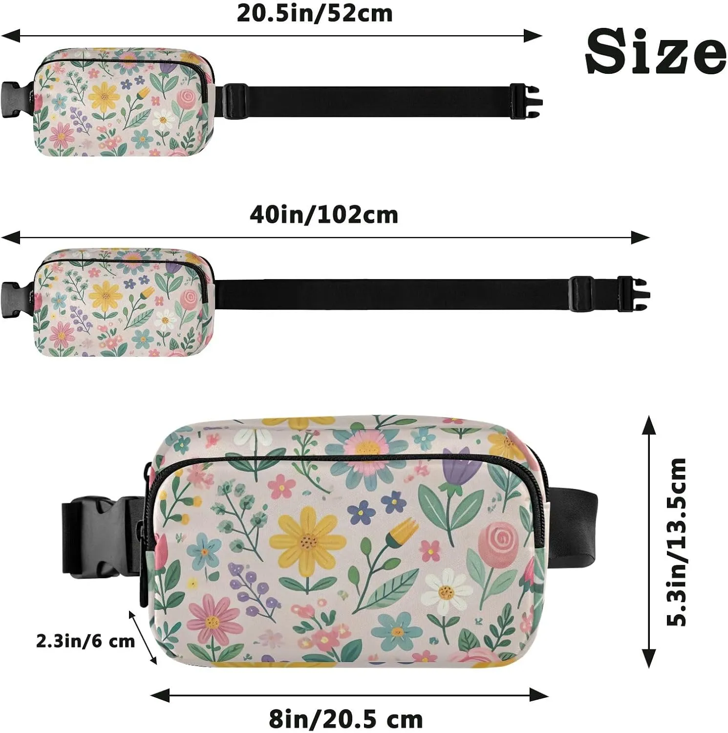 Belt Bags with Three Ways to Wear Cute Florals Workout Fanny Pack for Women 8 x 5.3 x 2.3 Inches