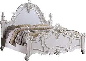 Benjara Frank Queen Size Bed, Carved Details Finial Posts, Classic White Solid Wood