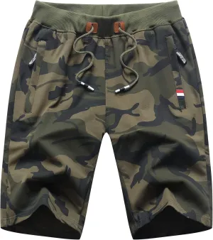 Big Boy's Casual Shorts Summer Cotton Classic Fit Elastic Waist Shorts with Zipper Pockets
