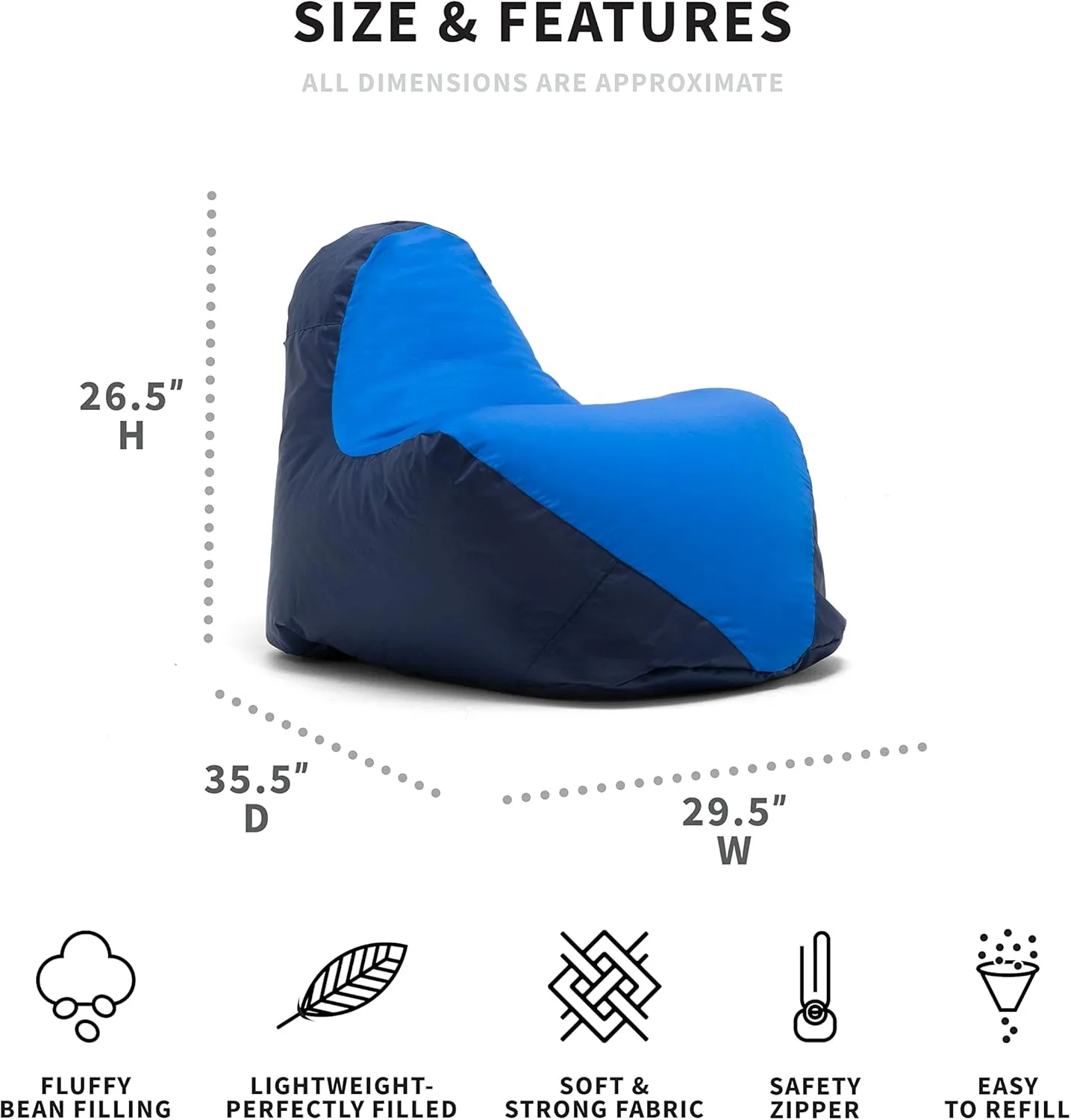 Big Joe Warp Bean Bag Chair, Blue/Navy Spandex and Smartmax, Durable Polyester Nylon Blend, 2.5 feet
