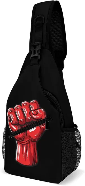Big Red Raised Fist Salute of Unity Solidarity Resistance Sling Backpack Crossbody Chest Bag Print Shoulder Bag Travel Daypack for Sports Running Hiking