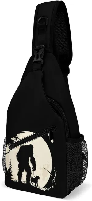 Bigfoot & Pug Funny Night Time Sling Bag for Men Women Durable Crossbody Backpack Chest Bag Daypack for Travel Hiking