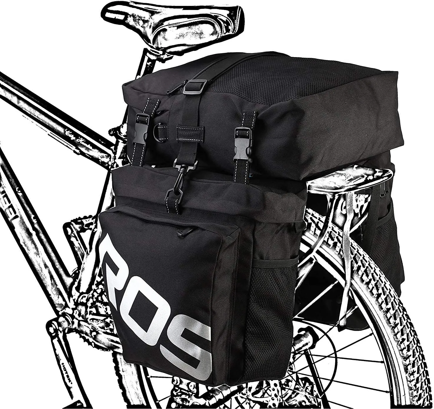 Bike Rear Rack Bag, 3 in 1 37L Waterproof Bicycle Rack Seat Bag Pannier Cycling Back Seat Rack Trunk Bag Saddle Bag for Mountain MTB Bike with Detachable Shoulder Strap & Reflective Sign