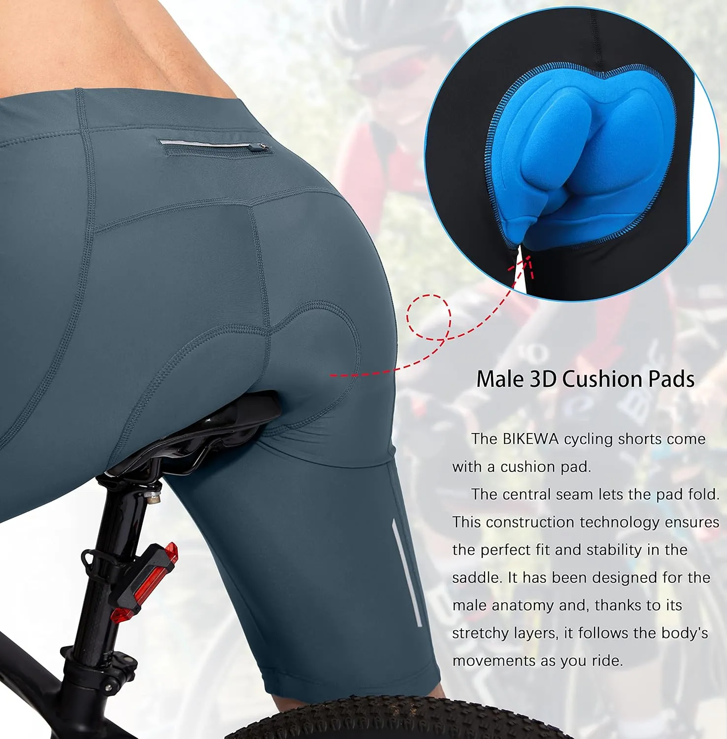 Bikewa Men's Bike Shorts 3D Padded Cycling Road Biking Mountain Riding Biker Bicycle UPF 50  Cycle Shorts Zipper Pockets