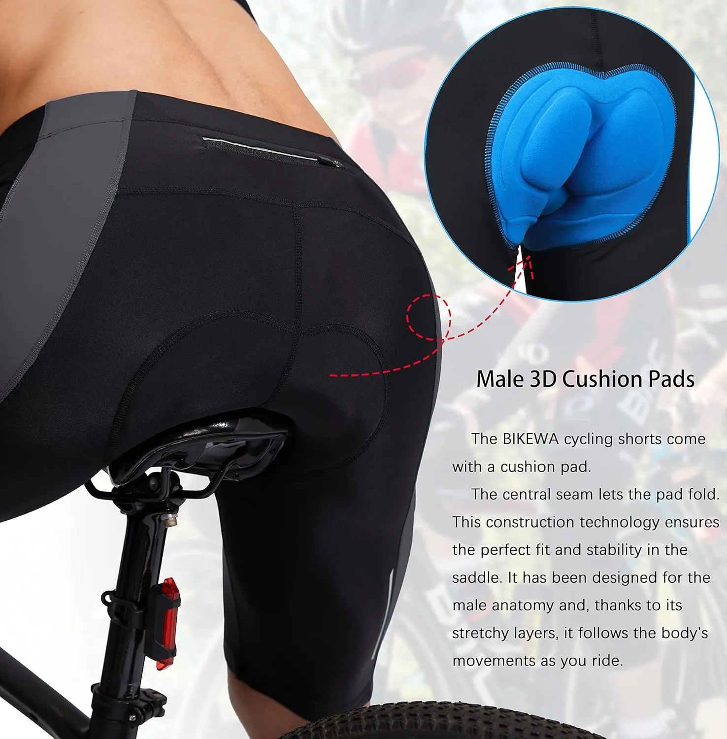 Bikewa Men's Bike Shorts 3D Padded Cycling Road Biking Mountain Riding Biker Bicycle UPF 50  Cycle Shorts Zipper Pockets