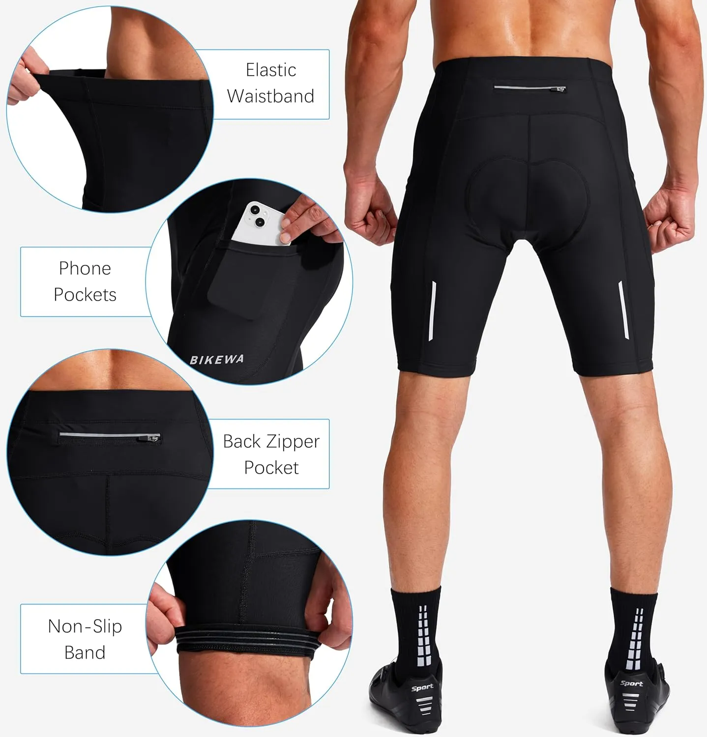 Bikewa Men's Bike Shorts 3D Padded Cycling Road Biking Mountain Riding Biker Bicycle UPF 50  Cycle Shorts Zipper Pockets
