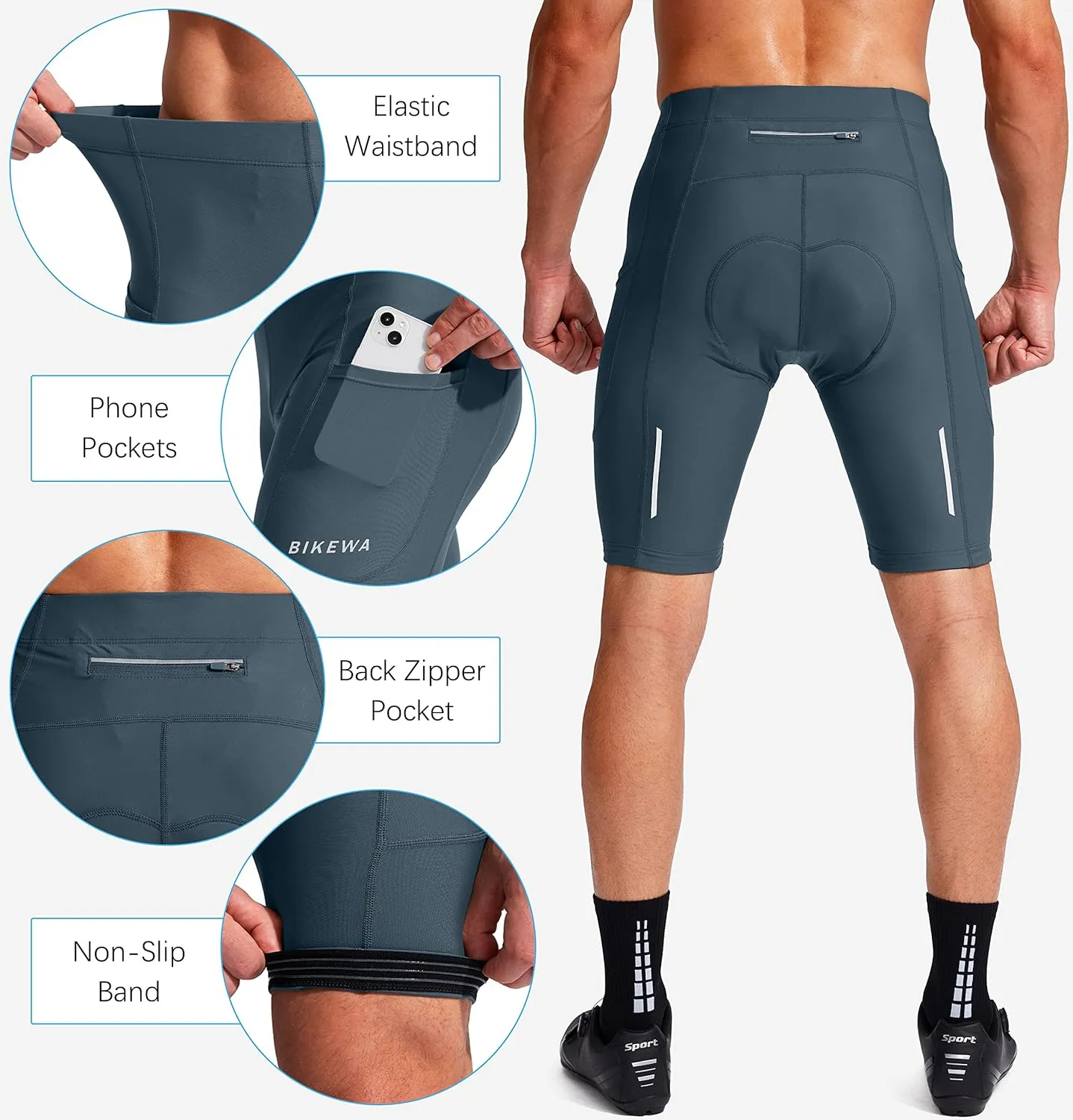 Bikewa Men's Bike Shorts 3D Padded Cycling Road Biking Mountain Riding Biker Bicycle UPF 50  Cycle Shorts Zipper Pockets