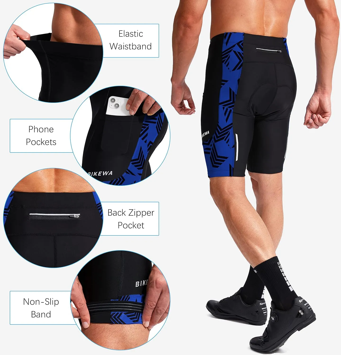 Bikewa Men's Bike Shorts 3D Padded Cycling Road Biking Mountain Riding Biker Bicycle UPF 50  Cycle Shorts Zipper Pockets
