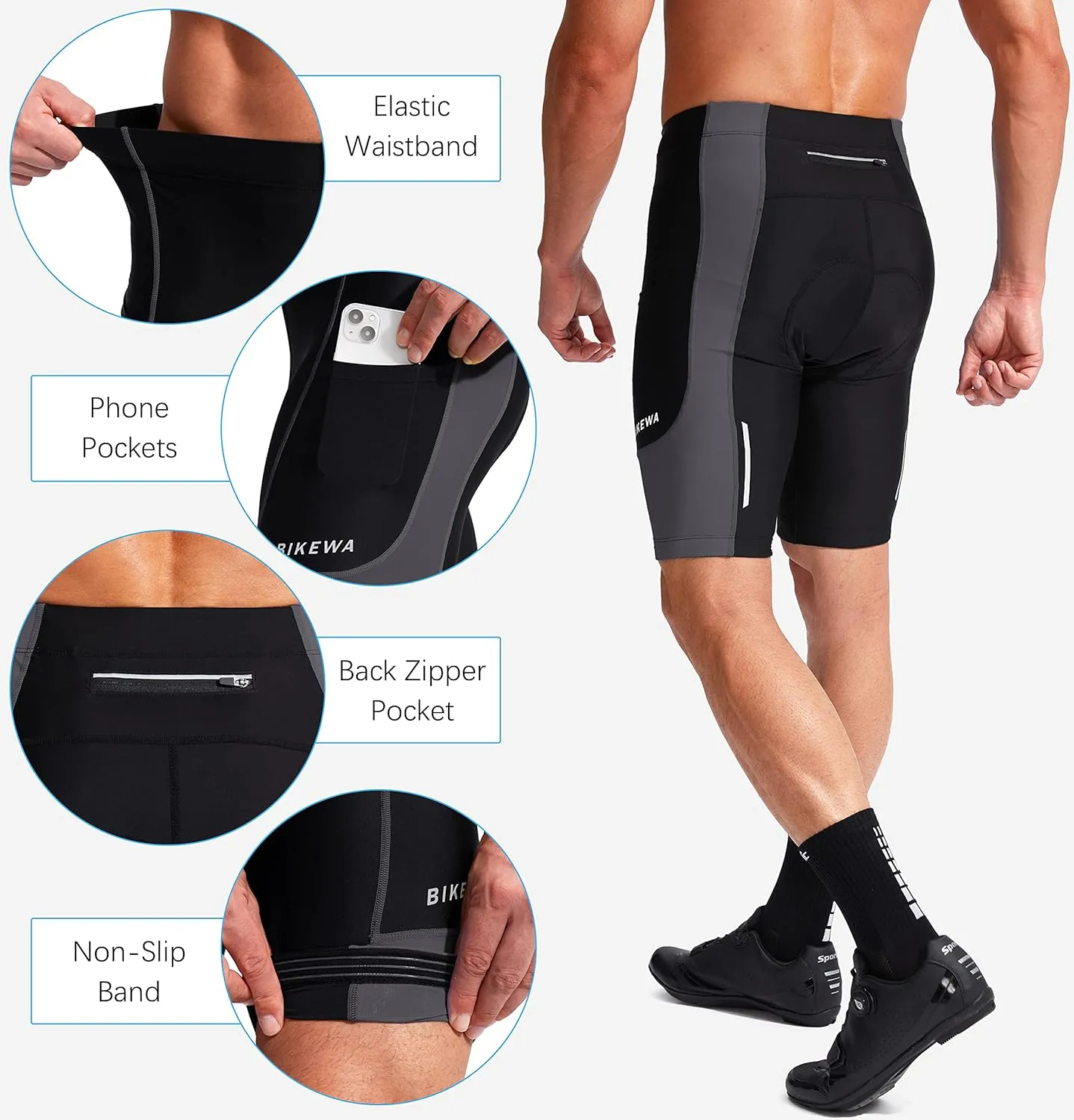 Bikewa Men's Bike Shorts 3D Padded Cycling Road Biking Mountain Riding Biker Bicycle UPF 50  Cycle Shorts Zipper Pockets