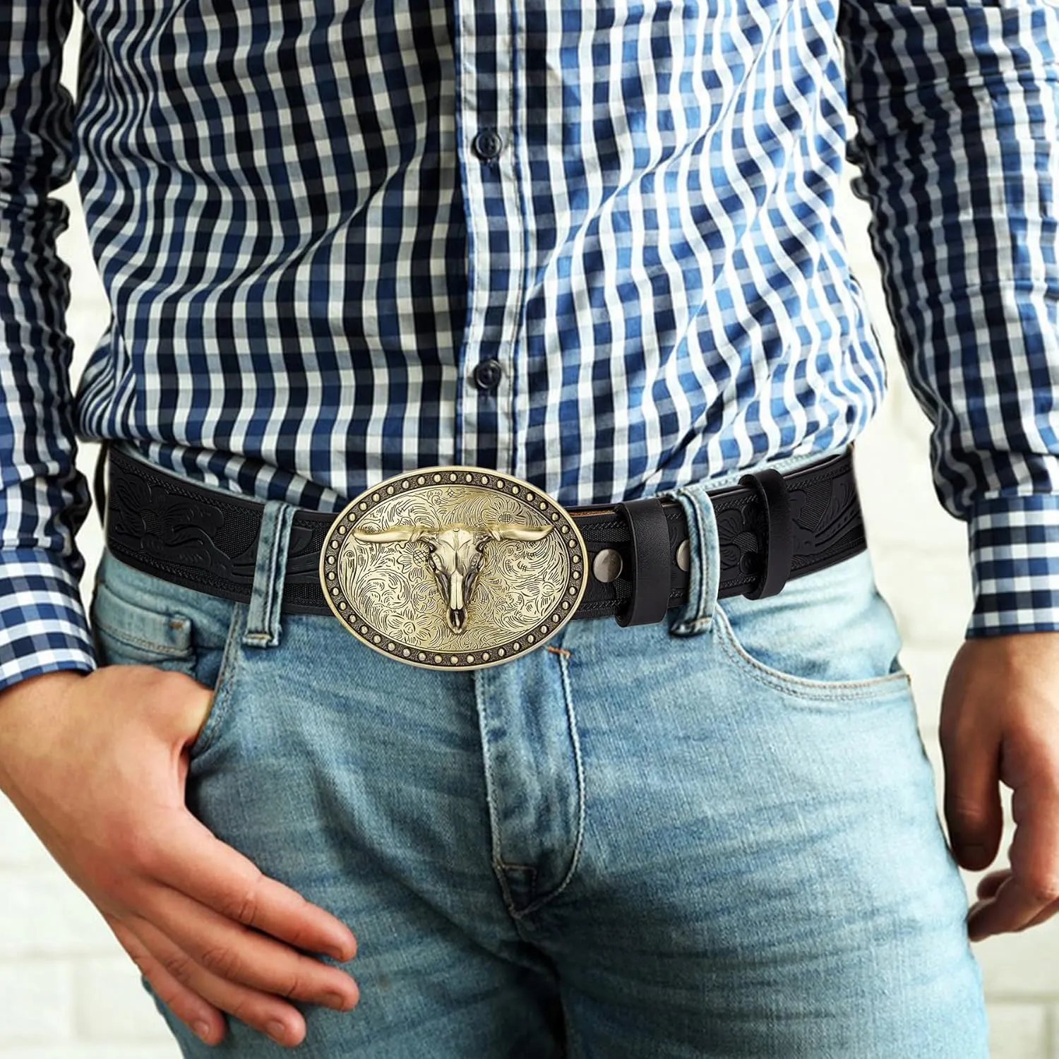 BISON DENIM Mens Western Cowboy Belt - Longhorn Cow Pattern Buckle with Printed Engraved Buckle Strap Adjustable