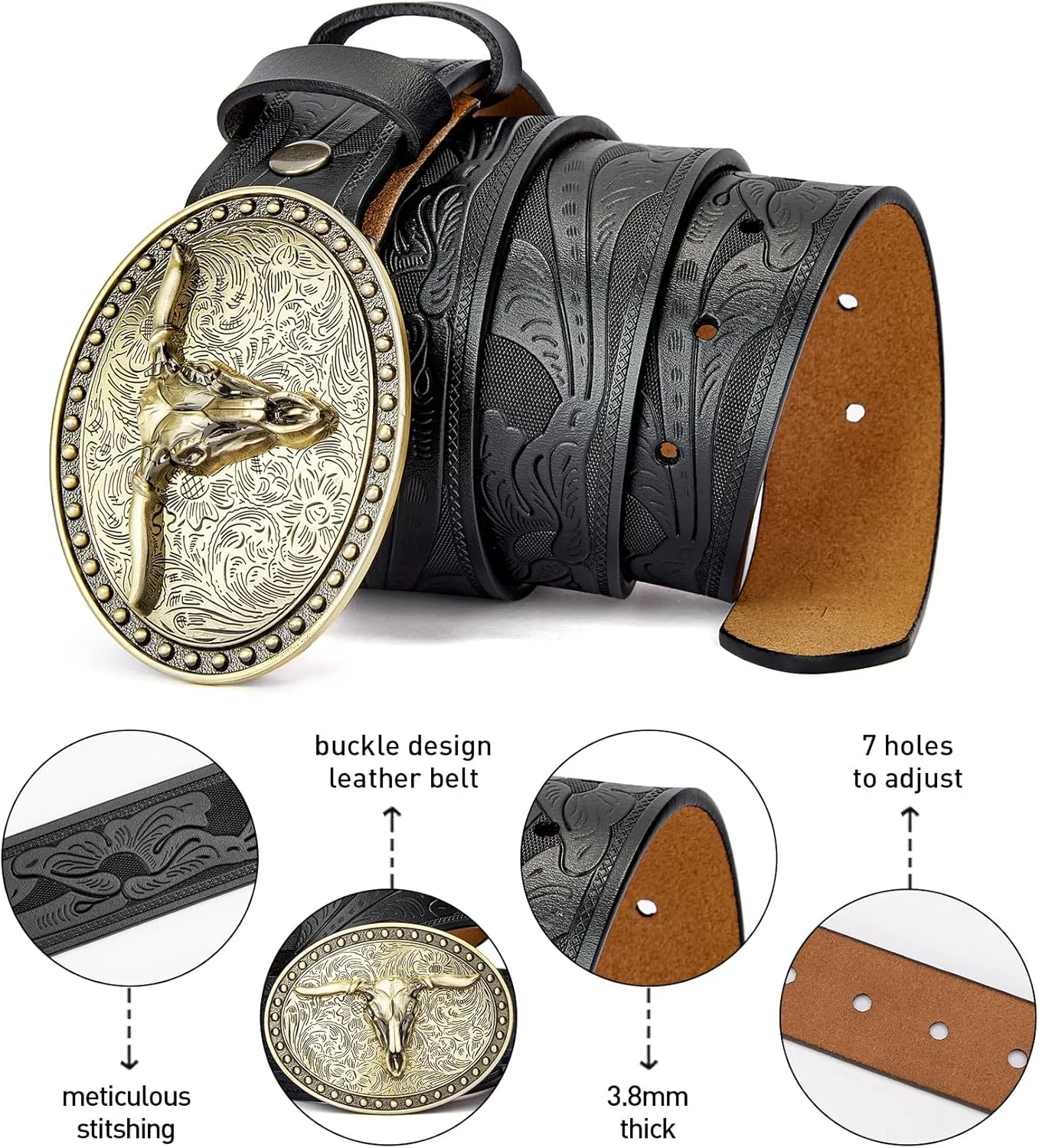 BISON DENIM Mens Western Cowboy Belt - Longhorn Cow Pattern Buckle with Printed Engraved Buckle Strap Adjustable