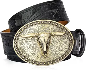 BISON DENIM Mens Western Cowboy Belt - Longhorn Cow Pattern Buckle with Printed Engraved Buckle Strap Adjustable