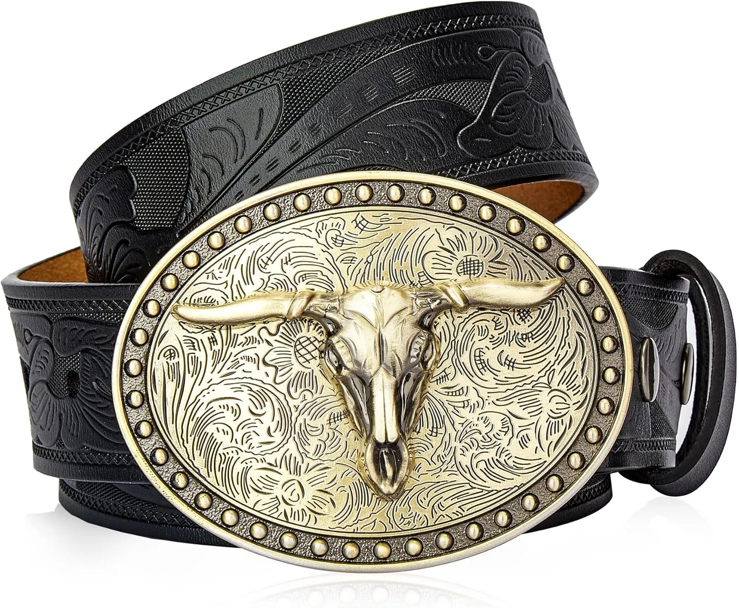 BISON DENIM Mens Western Cowboy Belt - Longhorn Cow Pattern Buckle with Printed Engraved Buckle Strap Adjustable