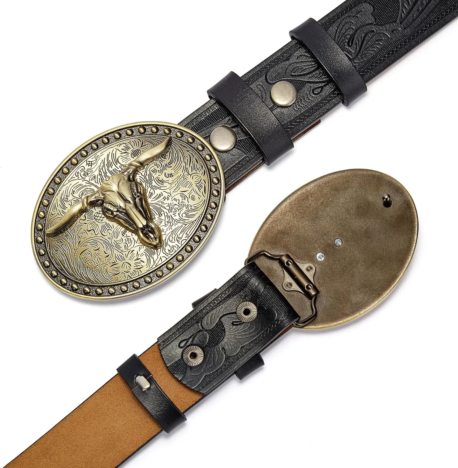 BISON DENIM Mens Western Cowboy Belt - Longhorn Cow Pattern Buckle with Printed Engraved Buckle Strap Adjustable