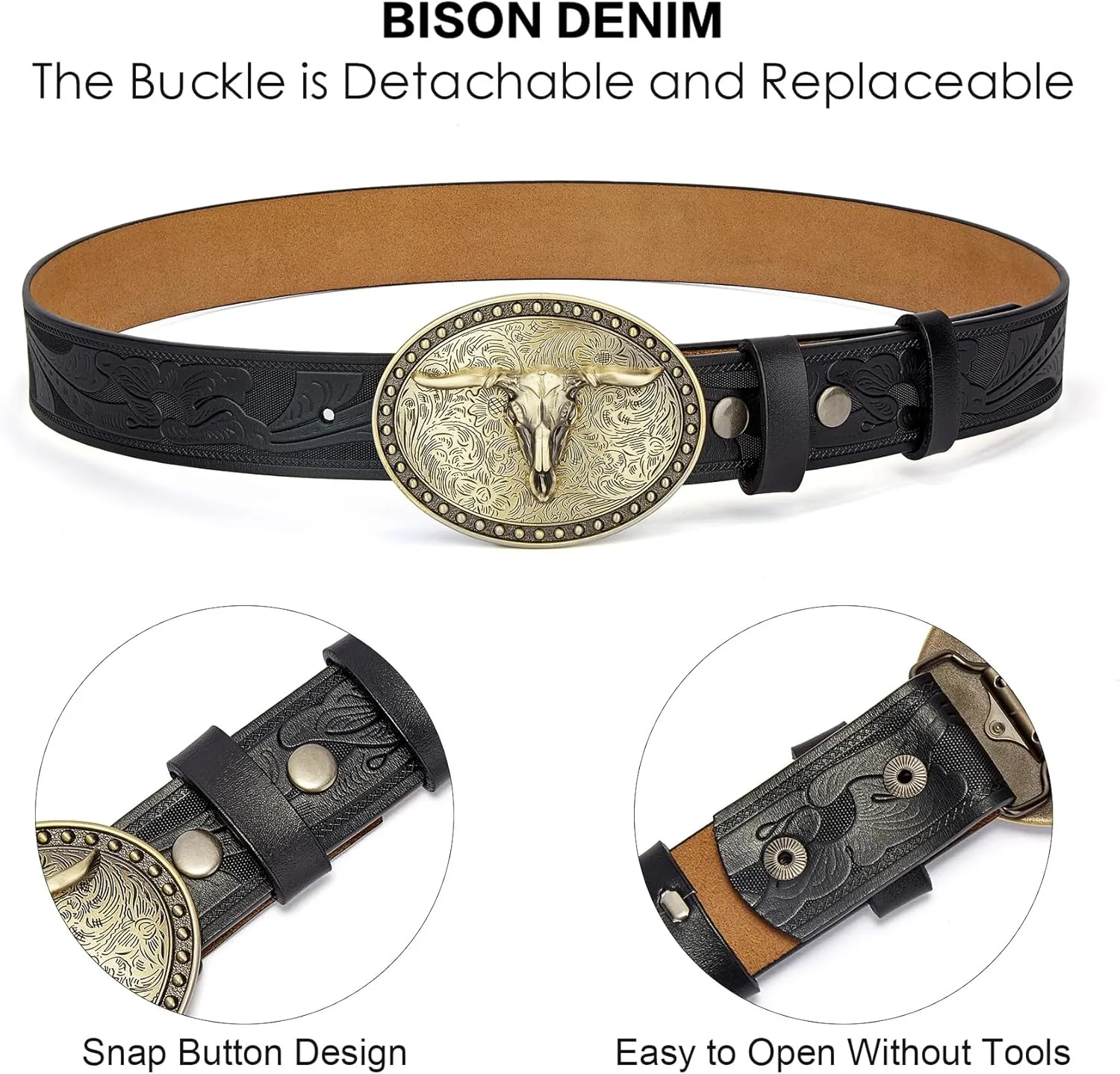 BISON DENIM Mens Western Cowboy Belt - Longhorn Cow Pattern Buckle with Printed Engraved Buckle Strap Adjustable