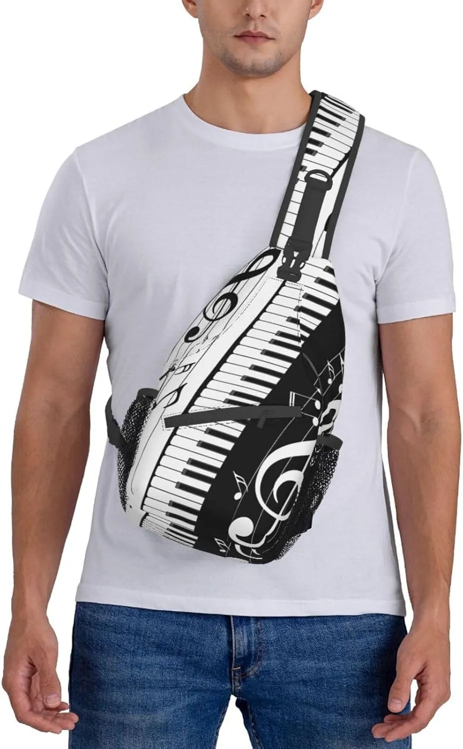Black And White Piano Music Notes Musical Instrument Crossbody Backpack Chest Bag For Men Women Large Capacity Shoulder Sling Bag Cycling Travel Daypack