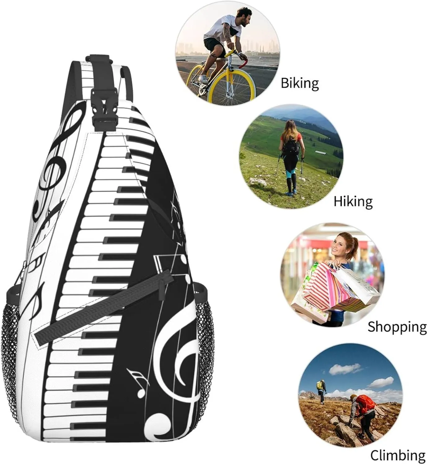 Black And White Piano Music Notes Musical Instrument Crossbody Backpack Chest Bag For Men Women Large Capacity Shoulder Sling Bag Cycling Travel Daypack