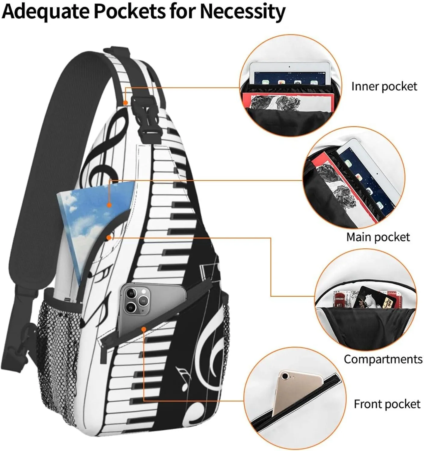 Black And White Piano Music Notes Musical Instrument Crossbody Backpack Chest Bag For Men Women Large Capacity Shoulder Sling Bag Cycling Travel Daypack