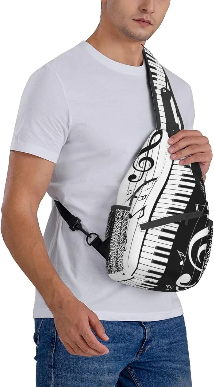 Black And White Piano Music Notes Musical Instrument Crossbody Backpack Chest Bag For Men Women Large Capacity Shoulder Sling Bag Cycling Travel Daypack