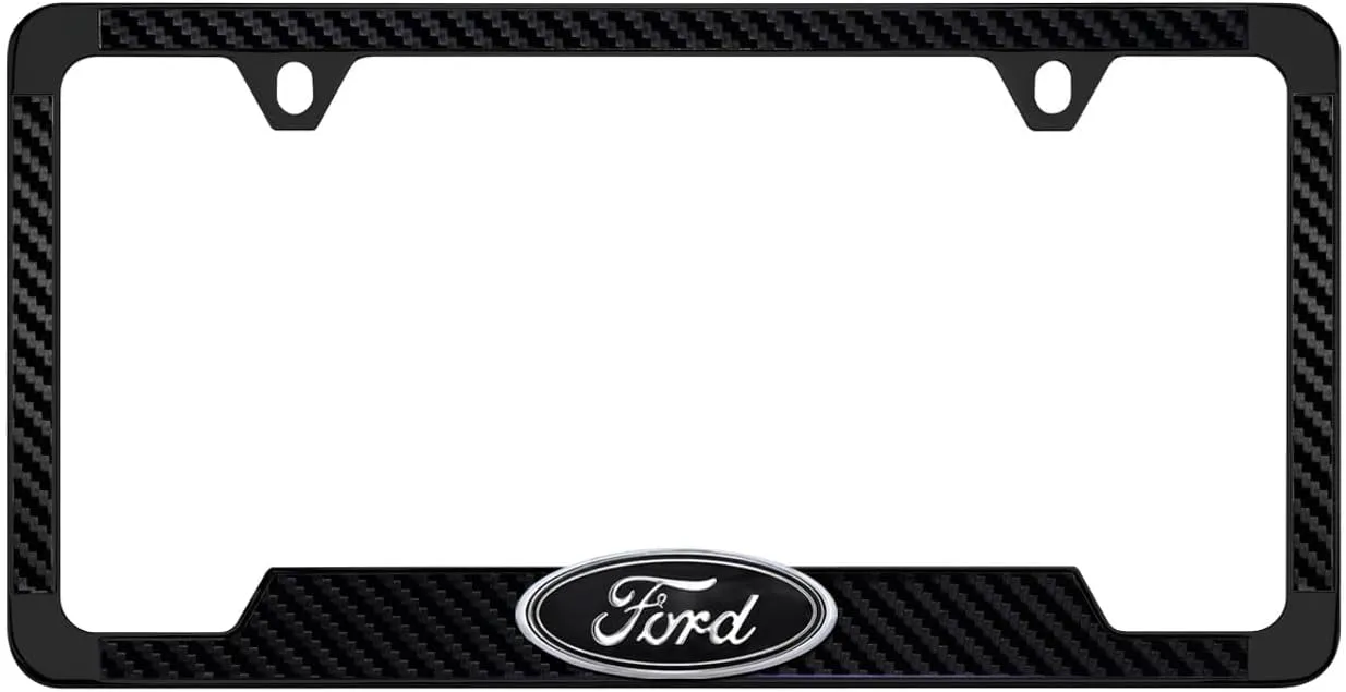 Black Carbon Fiber Vinyl Inlay License Frame with Black and Chrome 3D Ford Oval Black Emblem
