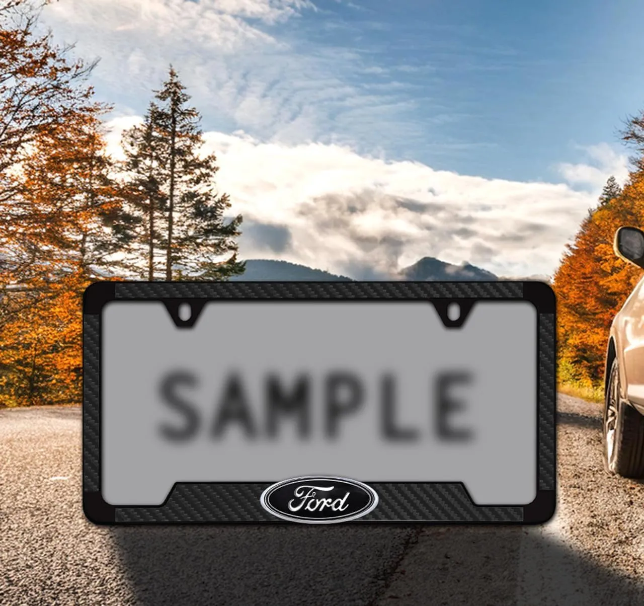 Black Carbon Fiber Vinyl Inlay License Frame with Black and Chrome 3D Ford Oval Black Emblem
