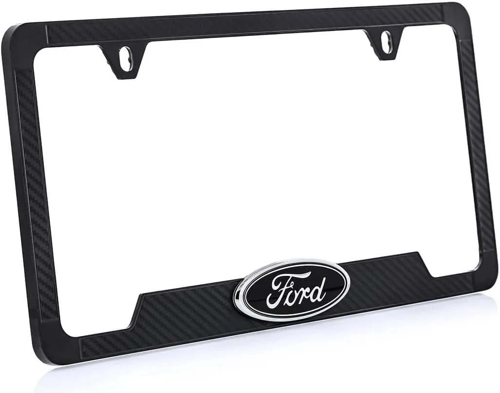 Black Carbon Fiber Vinyl Inlay License Frame with Black and Chrome 3D Ford Oval Black Emblem