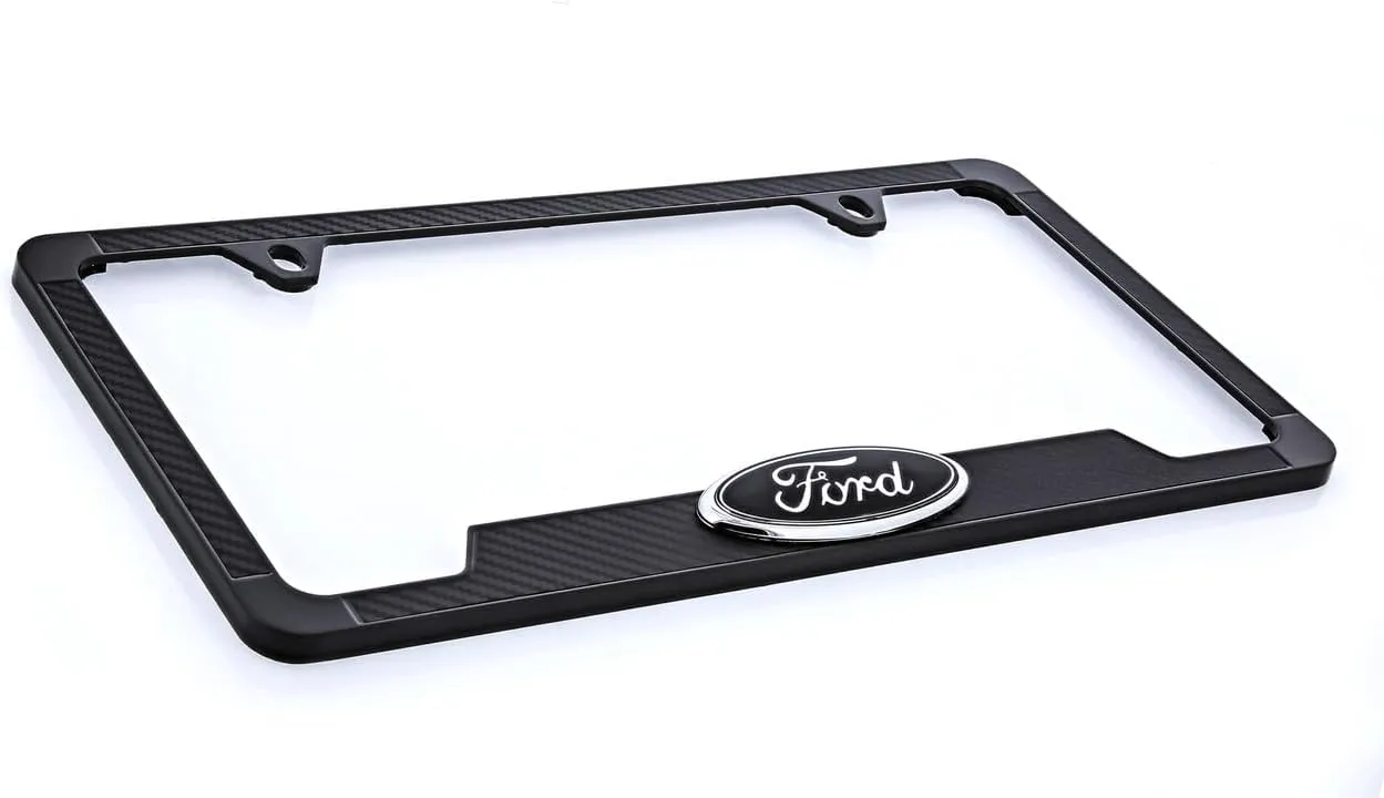 Black Carbon Fiber Vinyl Inlay License Frame with Black and Chrome 3D Ford Oval Black Emblem