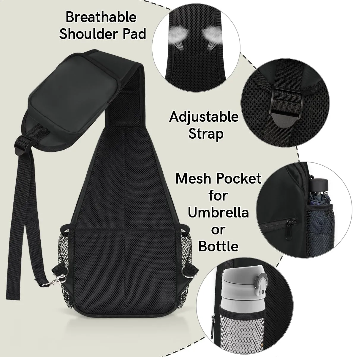 Black Crossbody Shoulder Bag Sling Backpack Lightweight Crossbody Bag Motorcycle Chest Bag for Women Men