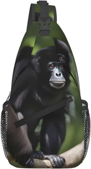 Black Gibbon Monkey Print Crossbody Backpack Sling Bag Chest Bags Daypack For Sport Running Hiking Women Men Unisex