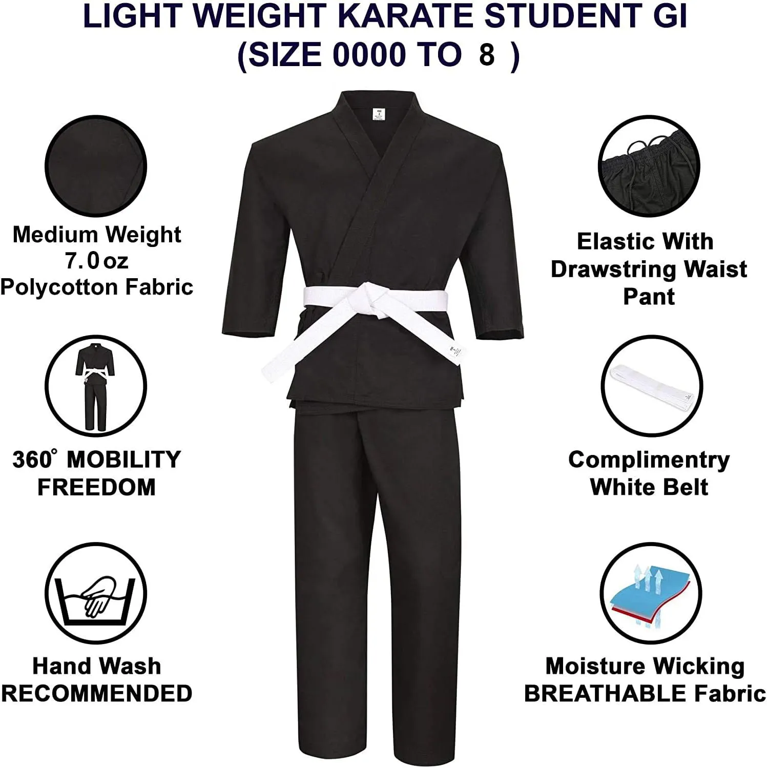 Black Karate Uniform, Gi 7 oz Adult Kids w/White belt Tae Kwon Do
