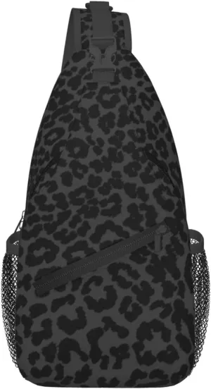 Black Leopard Print Sling Bag Abstract Spotted Fur Cheetah Pattern Crossbody Backpack Cute Wild Animal Skin Texture Chest Shoulder Bag Casual Gym Sports Travel Hiking Daypack for Women Men