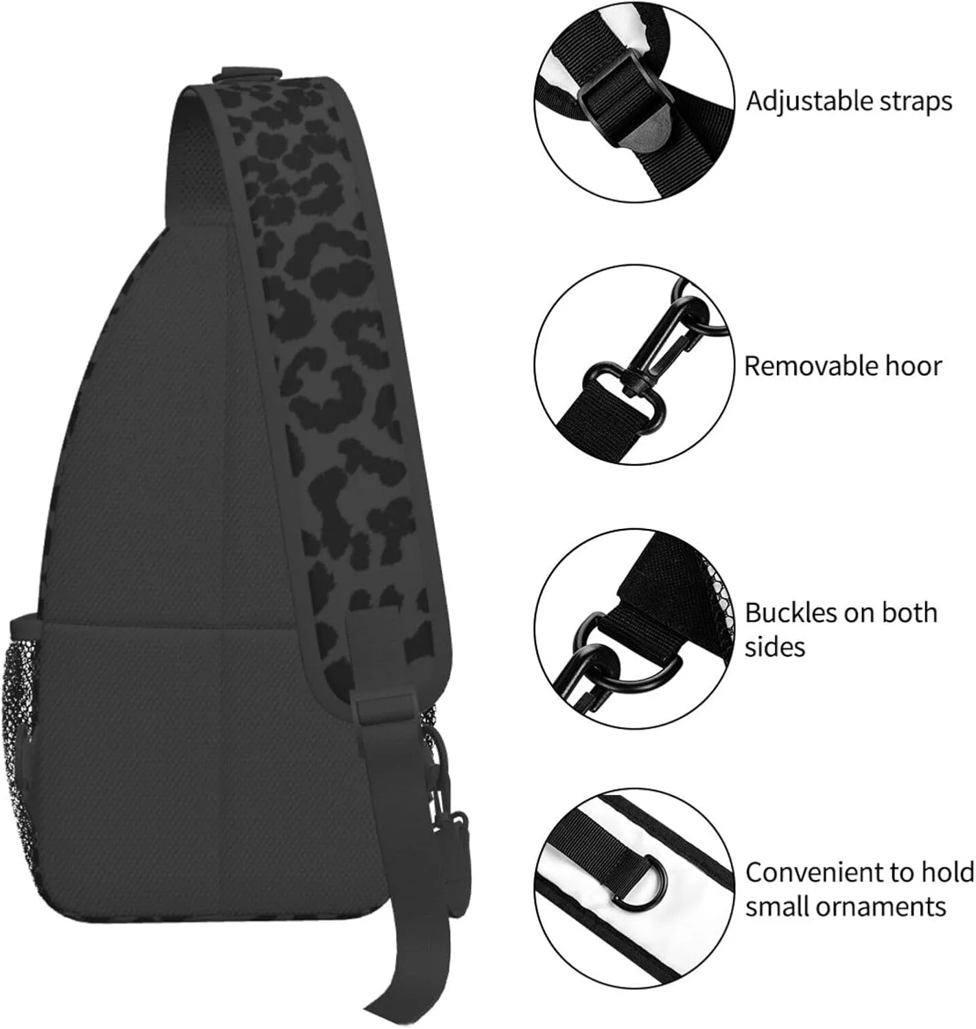 Black Leopard Print Sling Bag Abstract Spotted Fur Cheetah Pattern Crossbody Backpack Cute Wild Animal Skin Texture Chest Shoulder Bag Casual Gym Sports Travel Hiking Daypack for Women Men