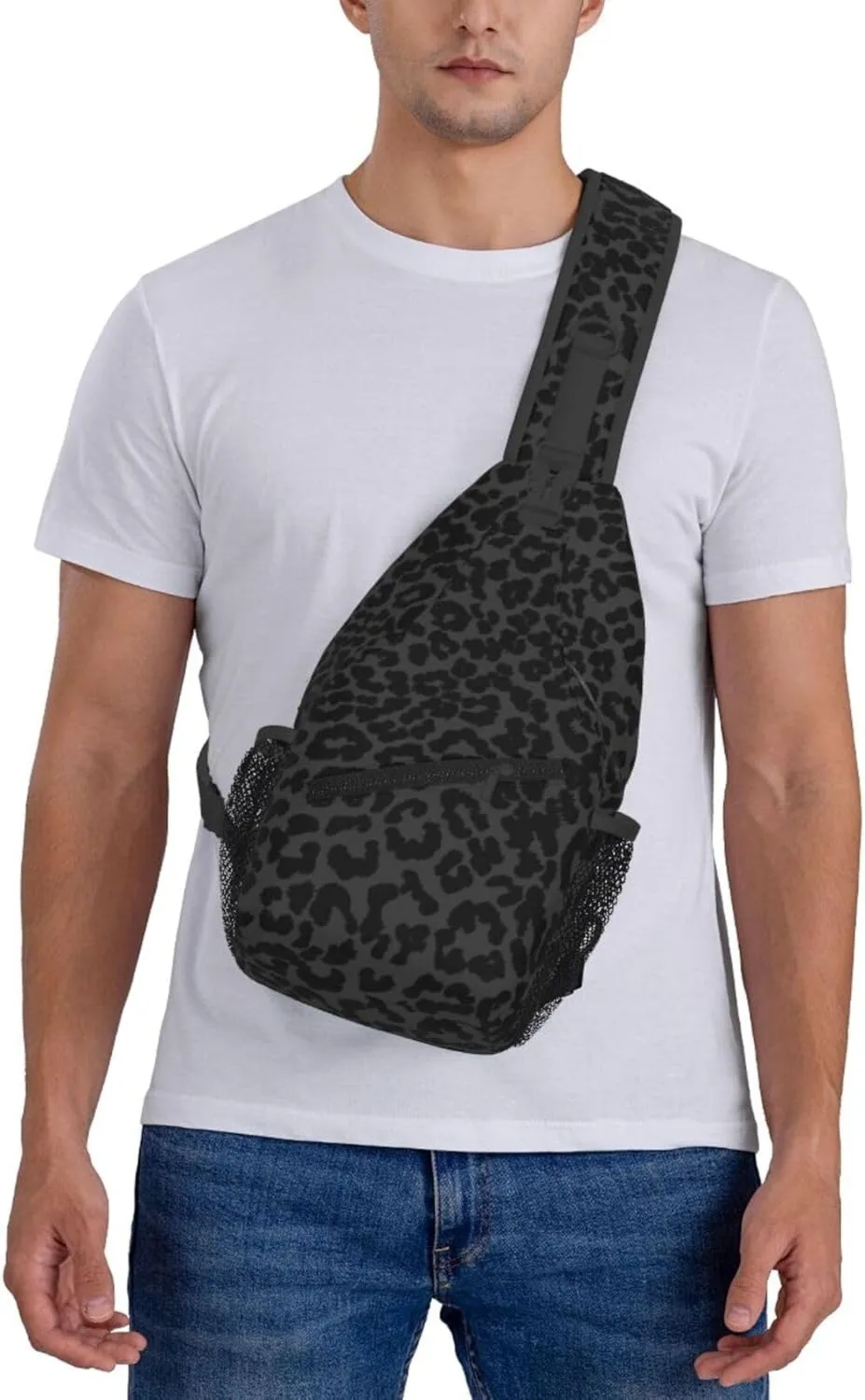 Black Leopard Print Sling Bag Abstract Spotted Fur Cheetah Pattern Crossbody Backpack Cute Wild Animal Skin Texture Chest Shoulder Bag Casual Gym Sports Travel Hiking Daypack for Women Men