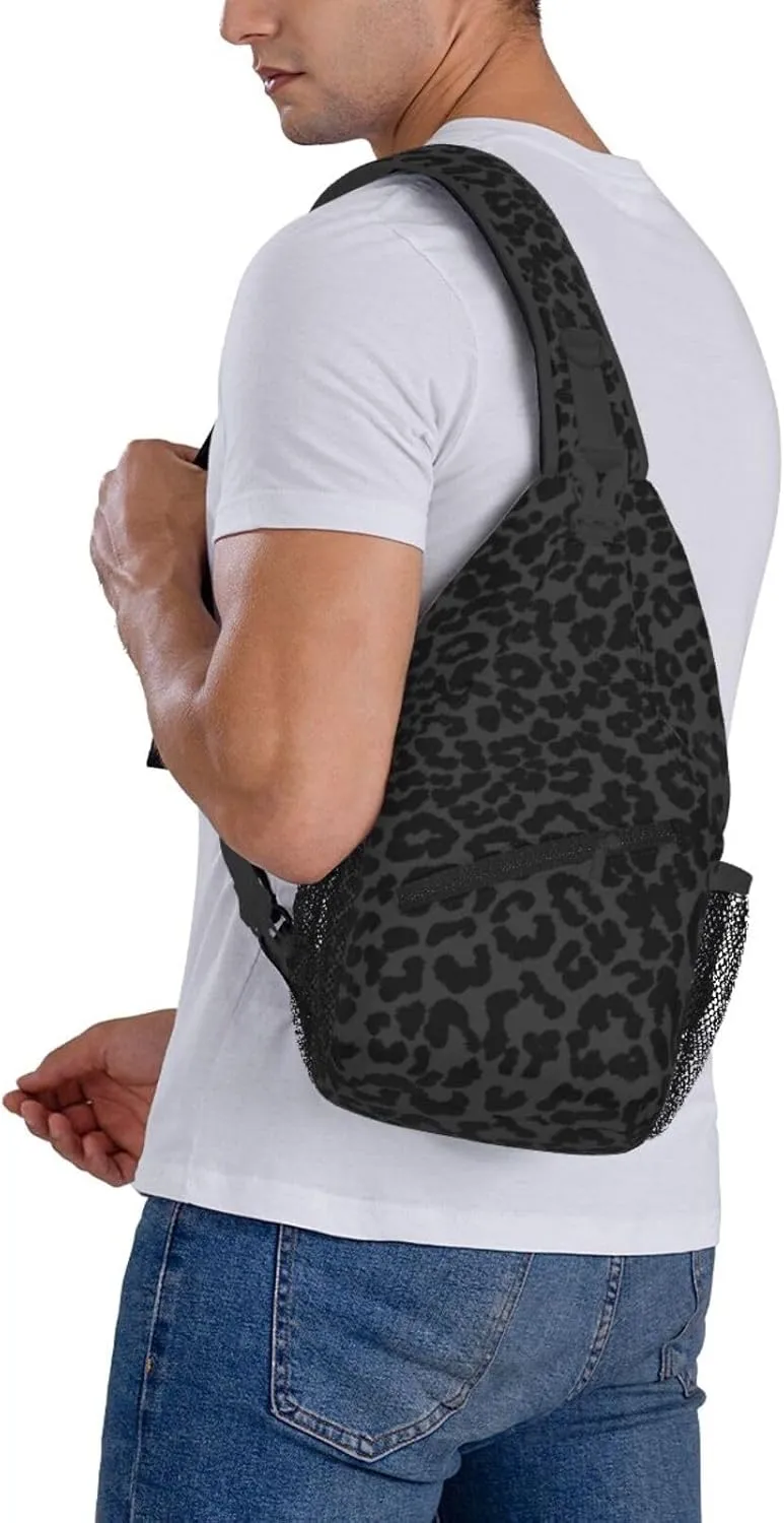 Black Leopard Print Sling Bag Abstract Spotted Fur Cheetah Pattern Crossbody Backpack Cute Wild Animal Skin Texture Chest Shoulder Bag Casual Gym Sports Travel Hiking Daypack for Women Men