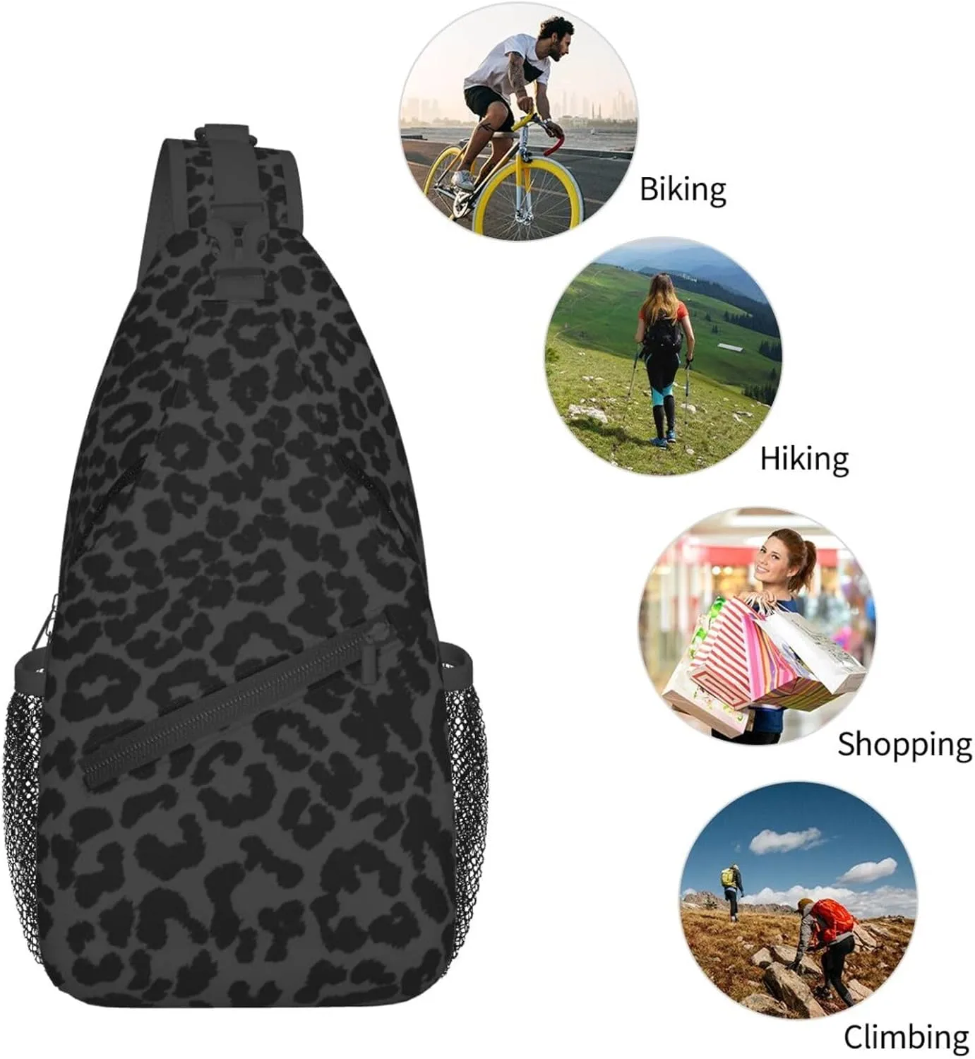 Black Leopard Print Sling Bag Abstract Spotted Fur Cheetah Pattern Crossbody Backpack Cute Wild Animal Skin Texture Chest Shoulder Bag Casual Gym Sports Travel Hiking Daypack for Women Men