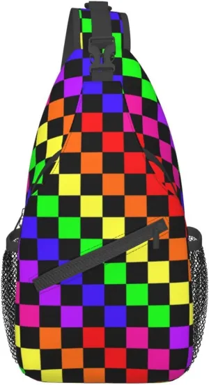 Black Rainbow Race Checkered Flag Crossbody Bags Women Men Cross Chest Bag Adjustable Sling Backpack Shoulder Bag For Cycling Travel Sport Hiking
